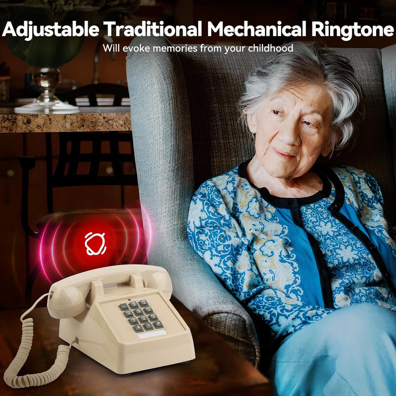 Sangyn Classic Vintage Cord Phones for Landline Old Telephone with Mechanical Ringer Volume Control Retro Analog Desk Phone for Home House School, Beige - Image 3